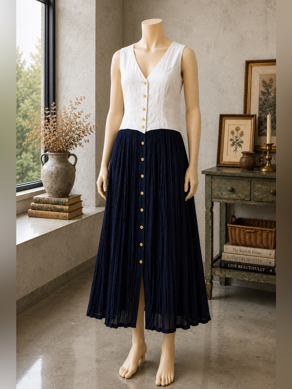 Kamisato Vintage Maxi Dress Linen Navy Pleated Button Front Size 8
